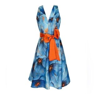 NWT Richa Sharma Sunset Bloom Blue Floral Dress With Orange Belt Size 4